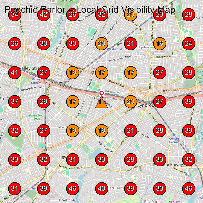 Poochie Parlor GeoGrid visibility map for Animal Hospital in Hewlett